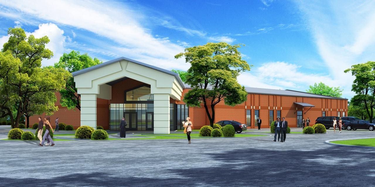 An artist's impression of a building with people walking in front of it.