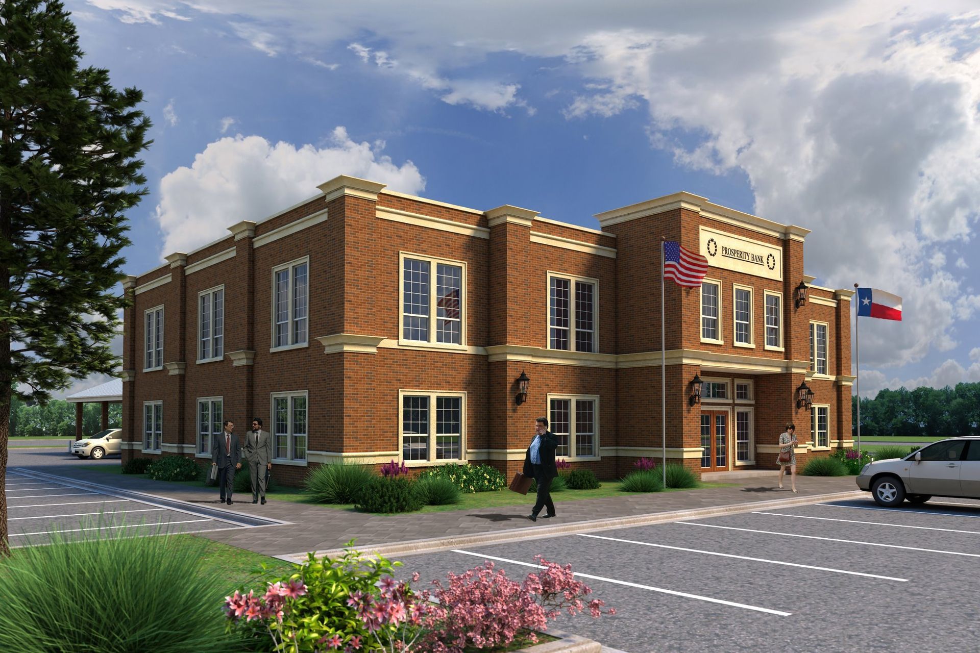 An artist's impression of a brick building with a Texas flag.
