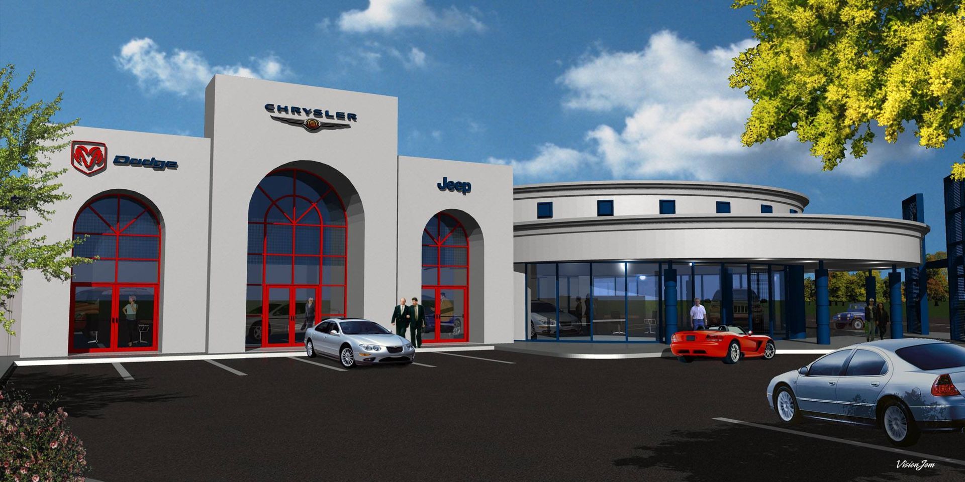An artist's impression of a cChrysler car dealership.
