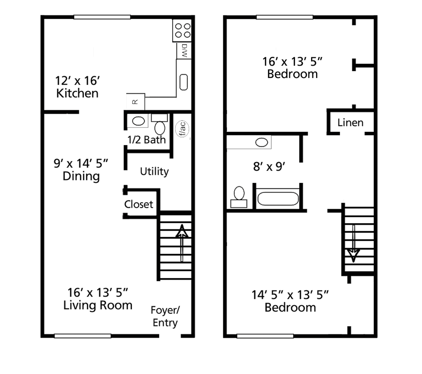 Floor plan of a two-story townhouse with kitchen, dining, living room, two bedrooms, and utility areas.