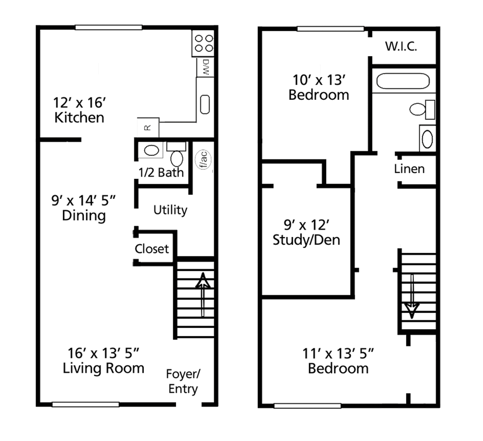 Floor plan of a two-story townhouse with kitchen, living room, dining area, two bedrooms, study, and utility closet.