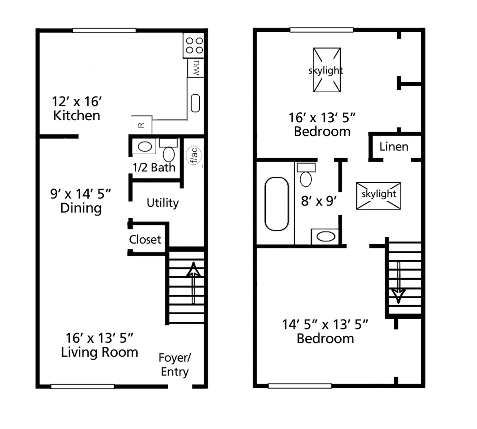 Floor plan of a two-story townhouse; features kitchen, living room, dining, two bedrooms, and bathrooms.