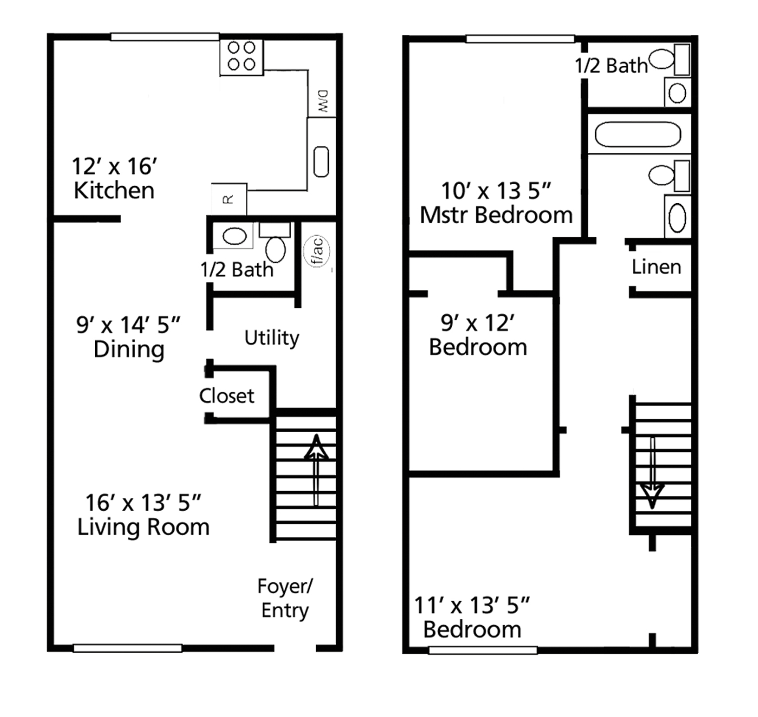 Floor plan of a two-story townhouse; the first floor includes a kitchen, dining room, living room, half-bath, and utility room. The second floor features three bedrooms, a full bath, and a linen closet.