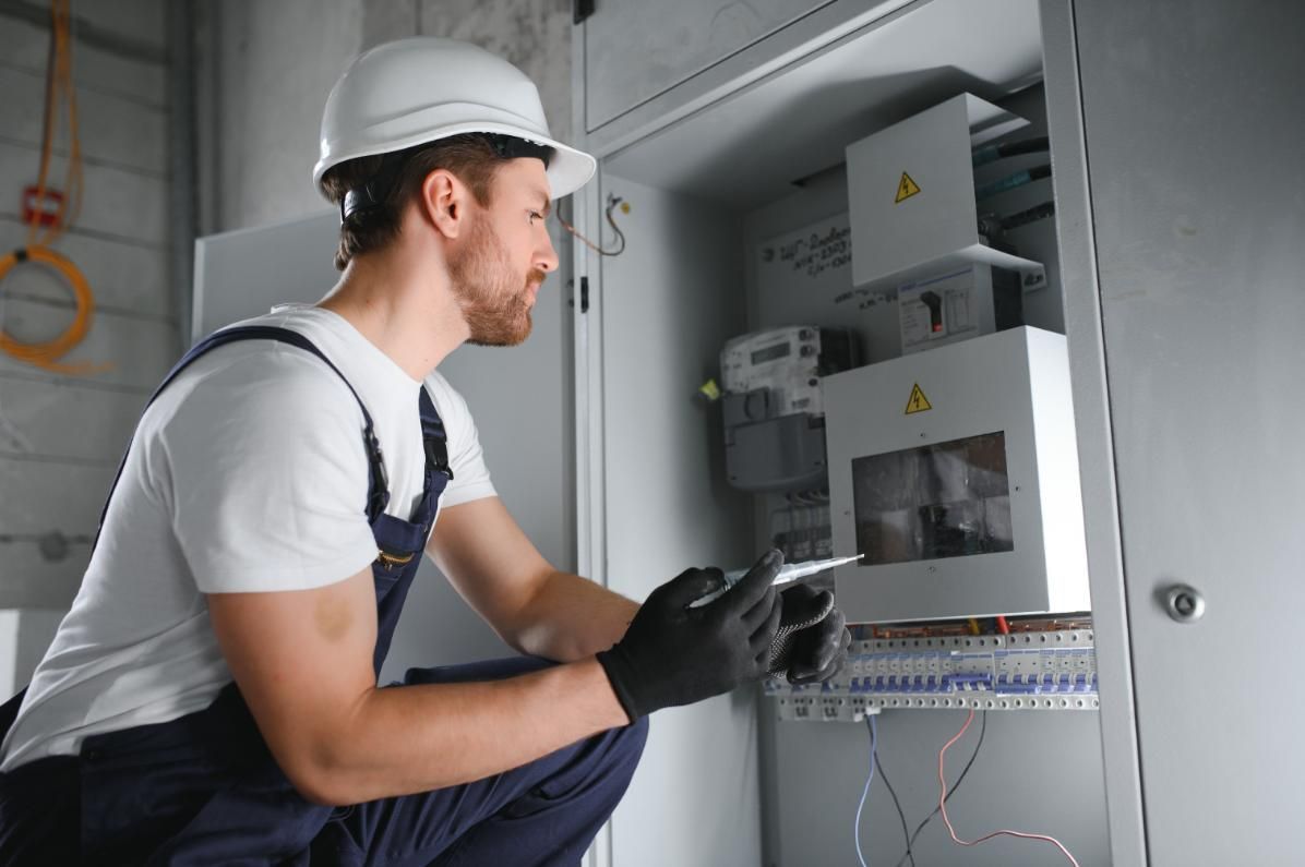 Technician in hard hat inspecting an open electrical panel in a utility room.