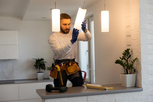 Man installing a light fixture in a kitchen, wearing work gloves, tool belt, and long-sleeve shirt.