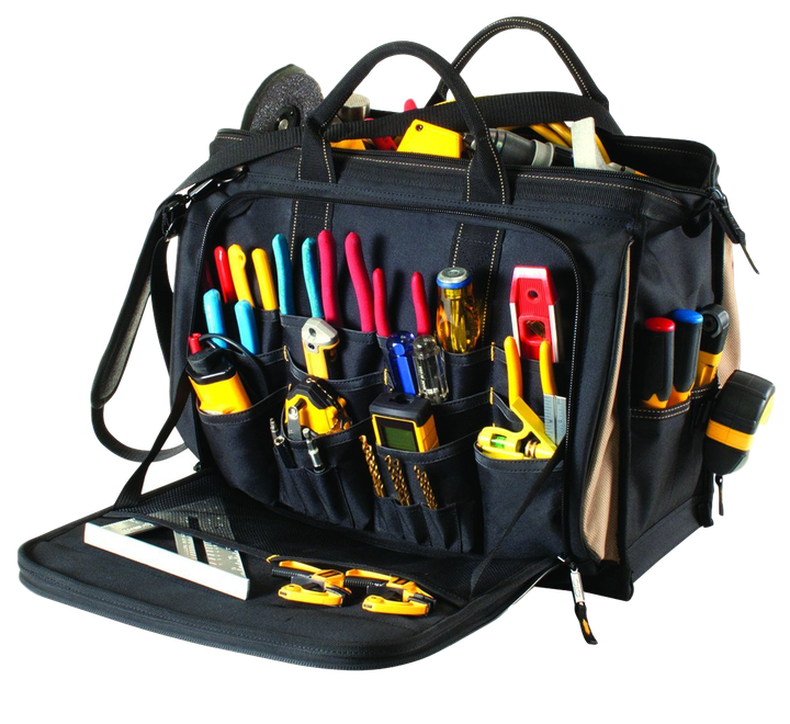 Black tool bag open, filled with various tools, including screwdrivers, pliers, and a level.