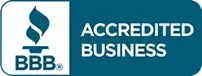 the logo for an accredited business with a flame on it