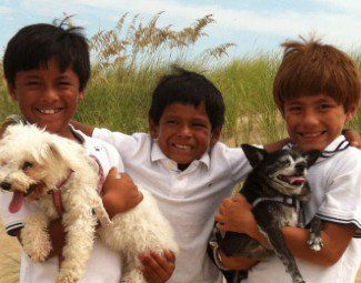 Three smiling children holding two small dogs outdoors in a grassy field under a cloudy sky