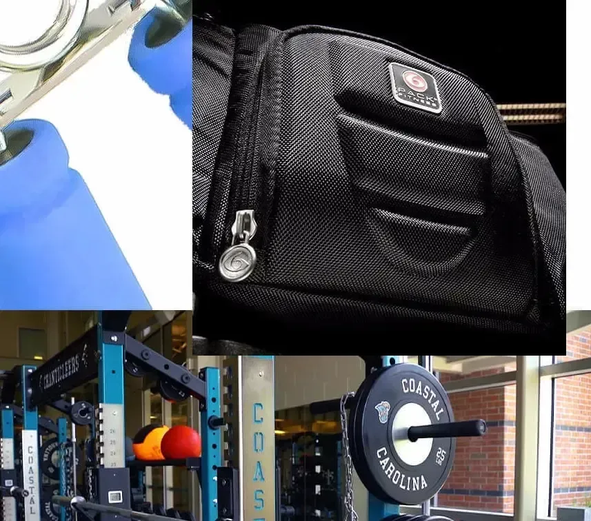 A collage of pictures shows a gym equipment and a bag that says coastal carolina