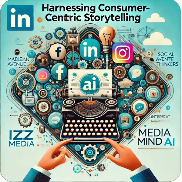 A poster for harnessing consumer centric storytelling with a typewriter and social media icons.