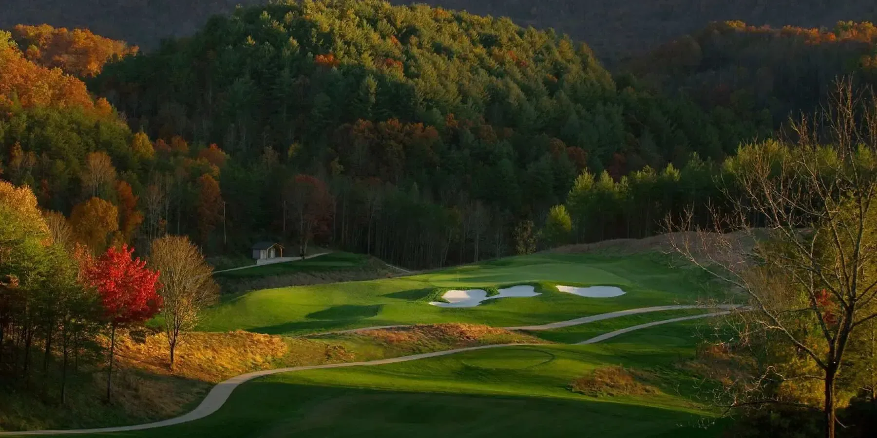 A golf course surrounded by trees and hills in the mountains.