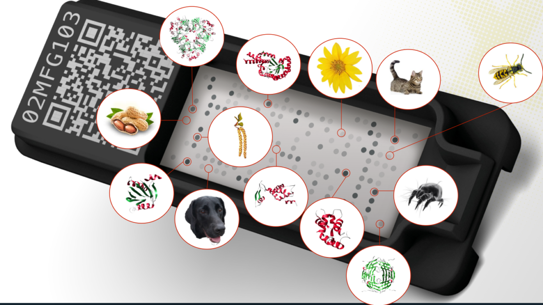 Schwarzes Gerät mit einem Lochgitter, umgeben von kreisförmigen Abbildungen von Allergenen und biologischen Proben.