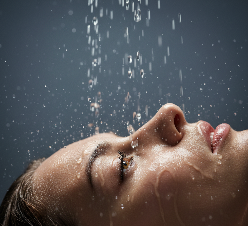 Frau mit geschlossenen Augen, Wasser ergießt sich über ihr Gesicht, Tropfen sind sichtbar, vor einem blaugrauen Hintergrund.