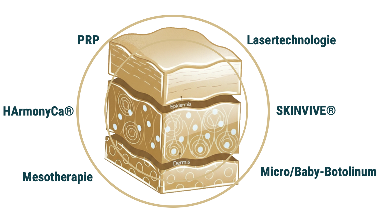 Diagramm der Hautschichten mit Beschriftungen für kosmetische Behandlungen: u.a. PRP, Lasertechnologie
