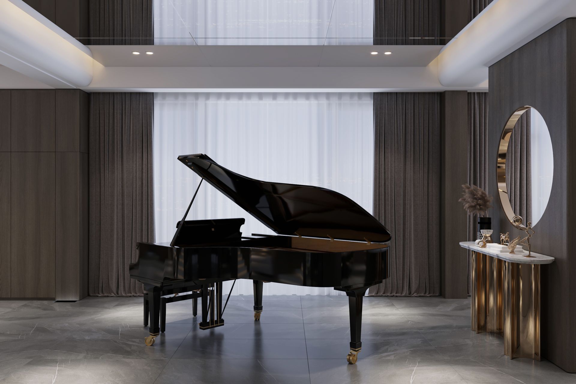 Grand piano in a luxurious room with tall windows, curtains, and a console table with a mirror.