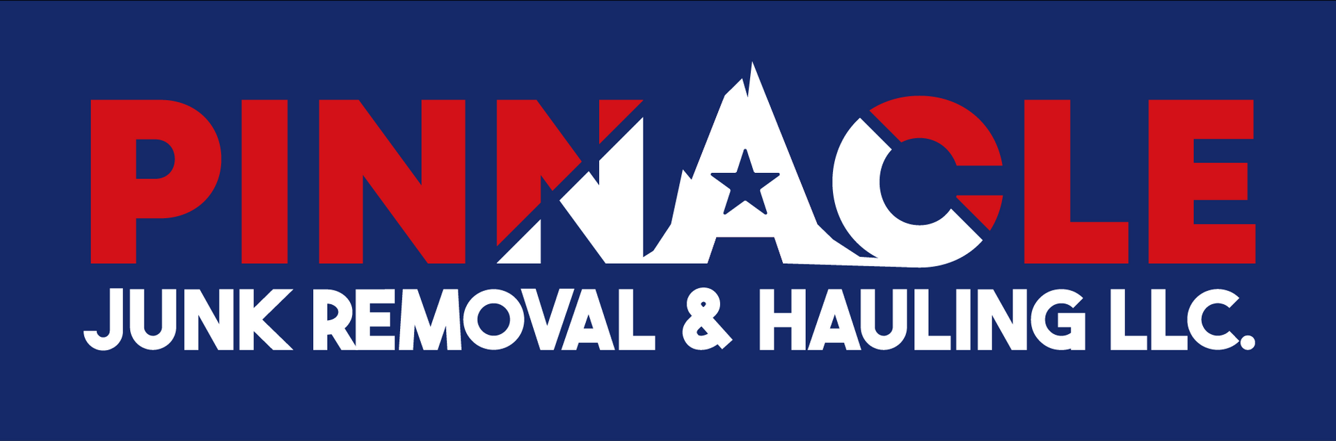 Logo for Pinnacle Junk Removal & Hauling LLC, red text on blue, a white mountain shape with a star in the