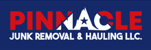 Logo for Pinnacle Junk Removal & Hauling LLC, red text on blue, a white mountain shape with a star in the