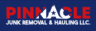 Logo of Pinnacle Junk Removal & Hauling LLC. Red text on a blue background, featuring a white mountain design.