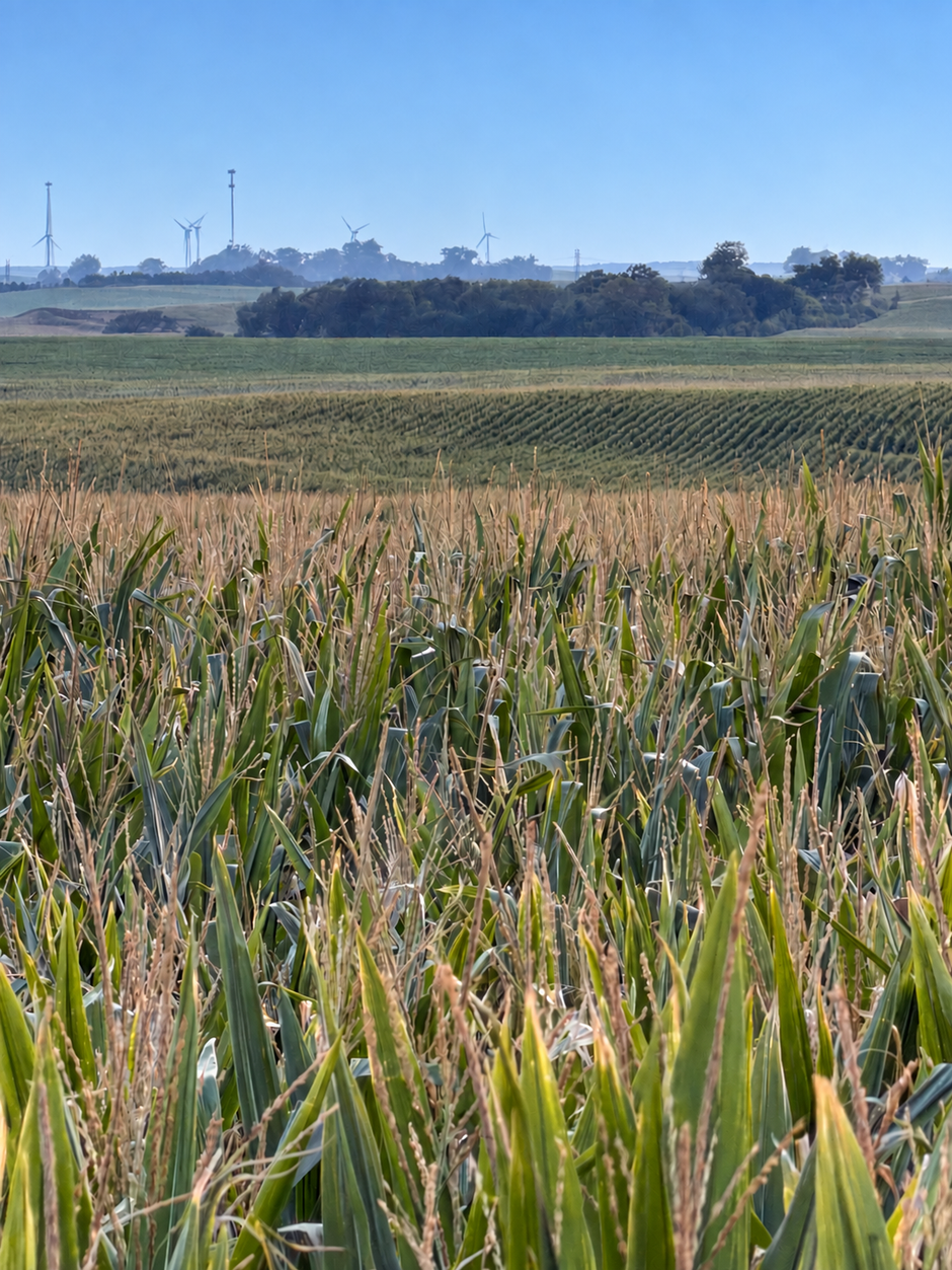 Cornfield in foreground with green fields and distant farm buildings under a clear blue sky