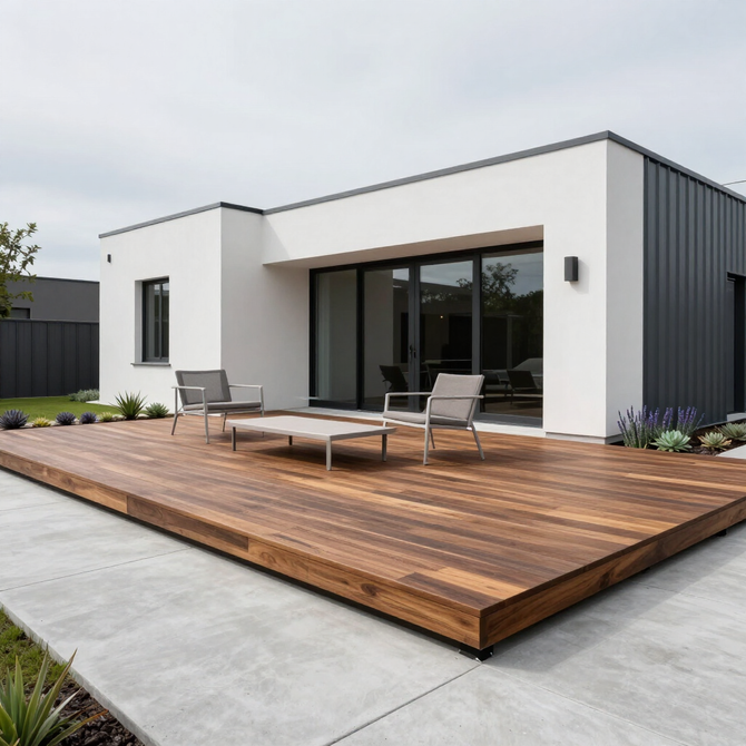 Newly built composite deck with a waterproofed surface.