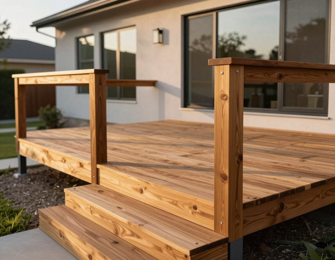Custom deck construction at a modern home in Wildemar, California.