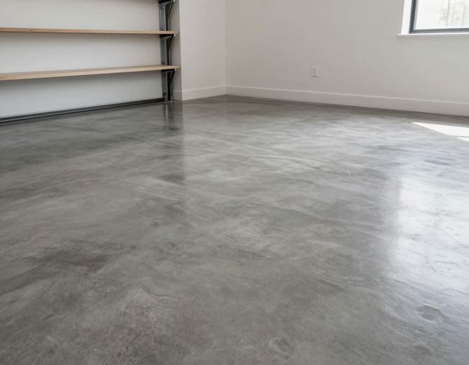 Smooth concrete garage floor coating with a dark finish.