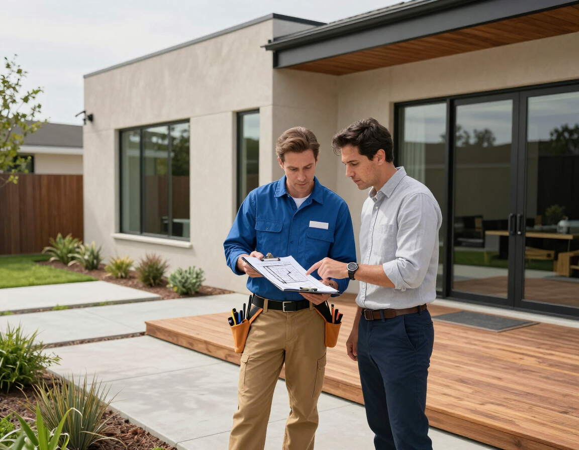 Contractor reviewing a deck and concrete project with a homeowner in California.