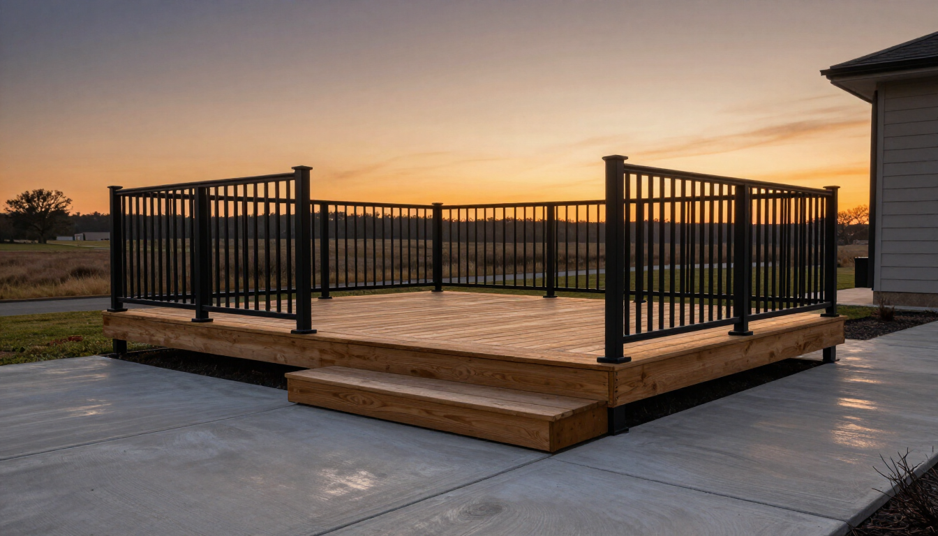 Modern custom deck with fresh concrete patio at sunset.