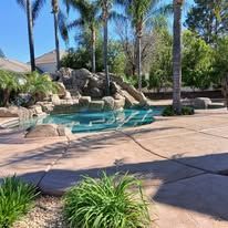 Backyard pool with turquoise water, palm trees, rocks, and tan patio in bright sunlight