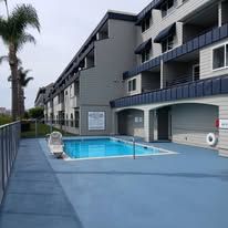 Apartment pool with blue deck, stainless railings, and a palm tree beside the building