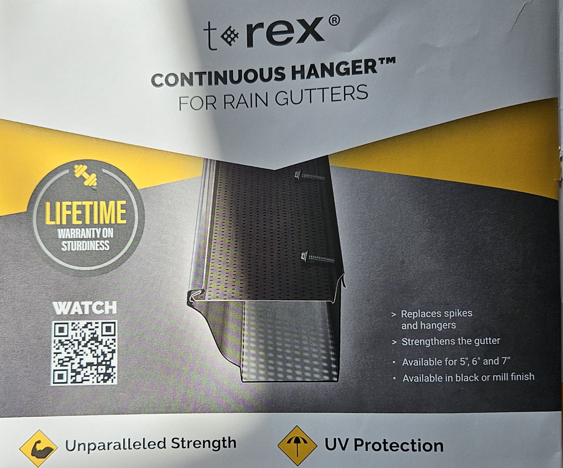 T-Rex Continuous Hanger product packaging for rain gutters, featuring a product image, QR code, and strength highlights.