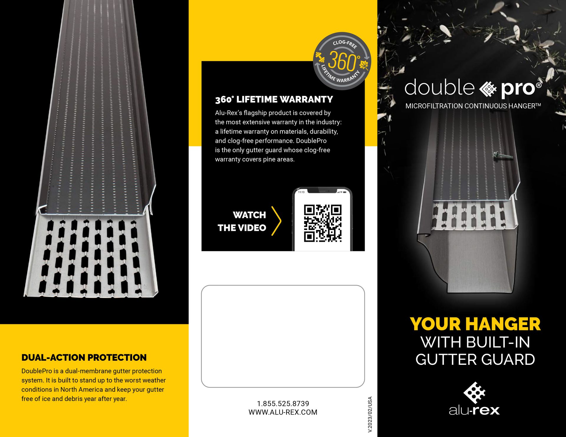 Trifold brochure for DoublePro gutter guards, featuring a product close-up, QR code for a video, and warranty information.