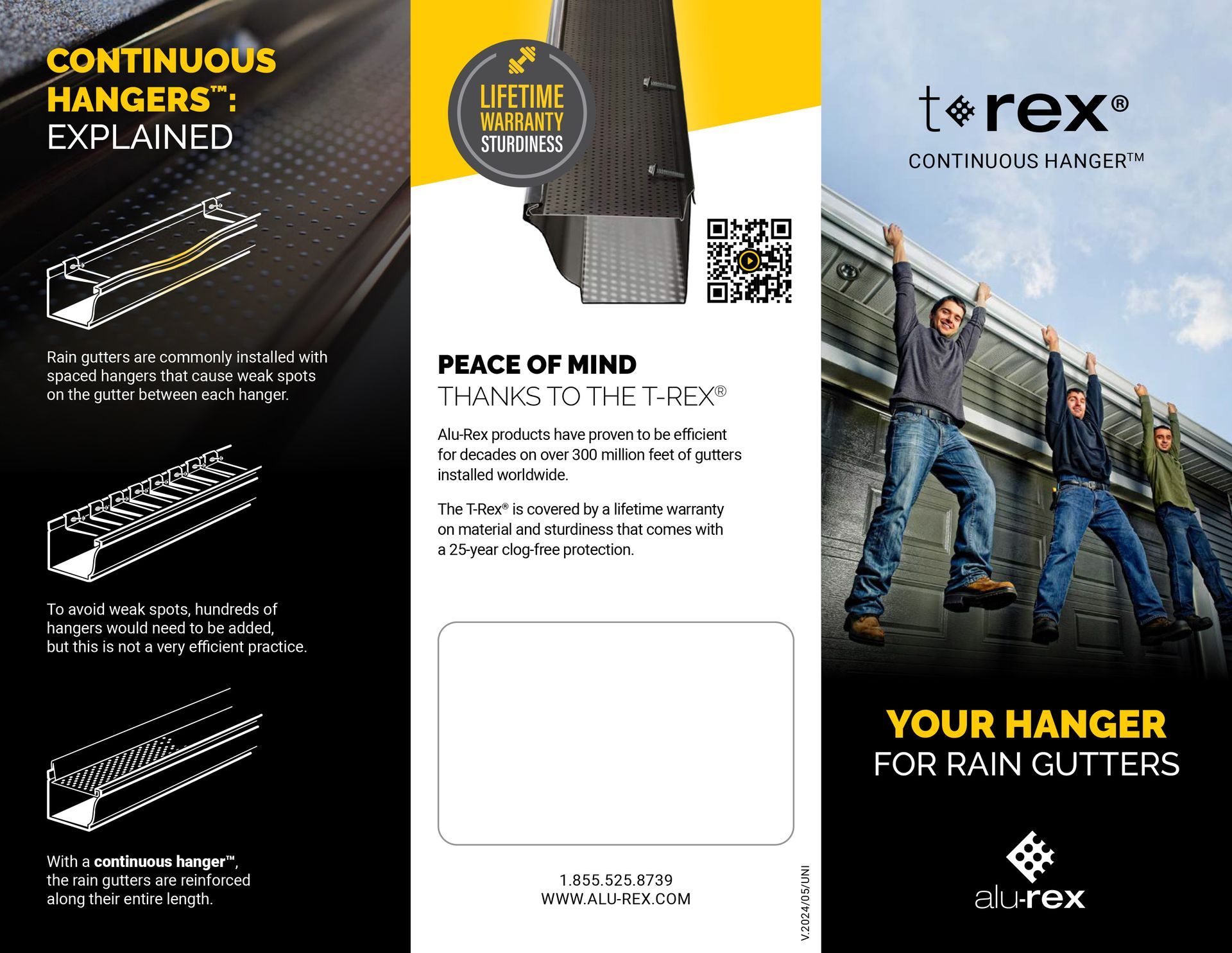 Brochure for T-Rex continuous gutter hangers, showcasing product benefits, a lifetime warranty, and a branding logo.