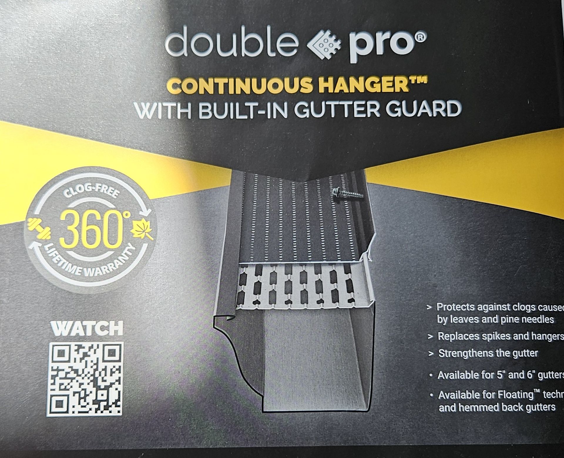 Product packaging for Double Pro continuous gutter hangers featuring a product cross-section, 360-degree seal, and QR code.