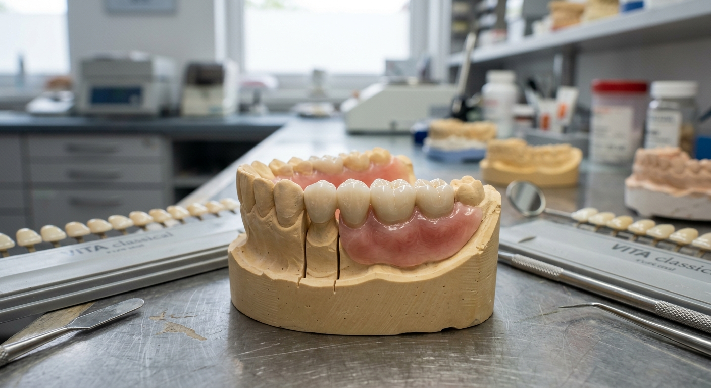 Modello dentale con gengive rosa e denti bianchi su un banco da lavoro in un laboratorio.
