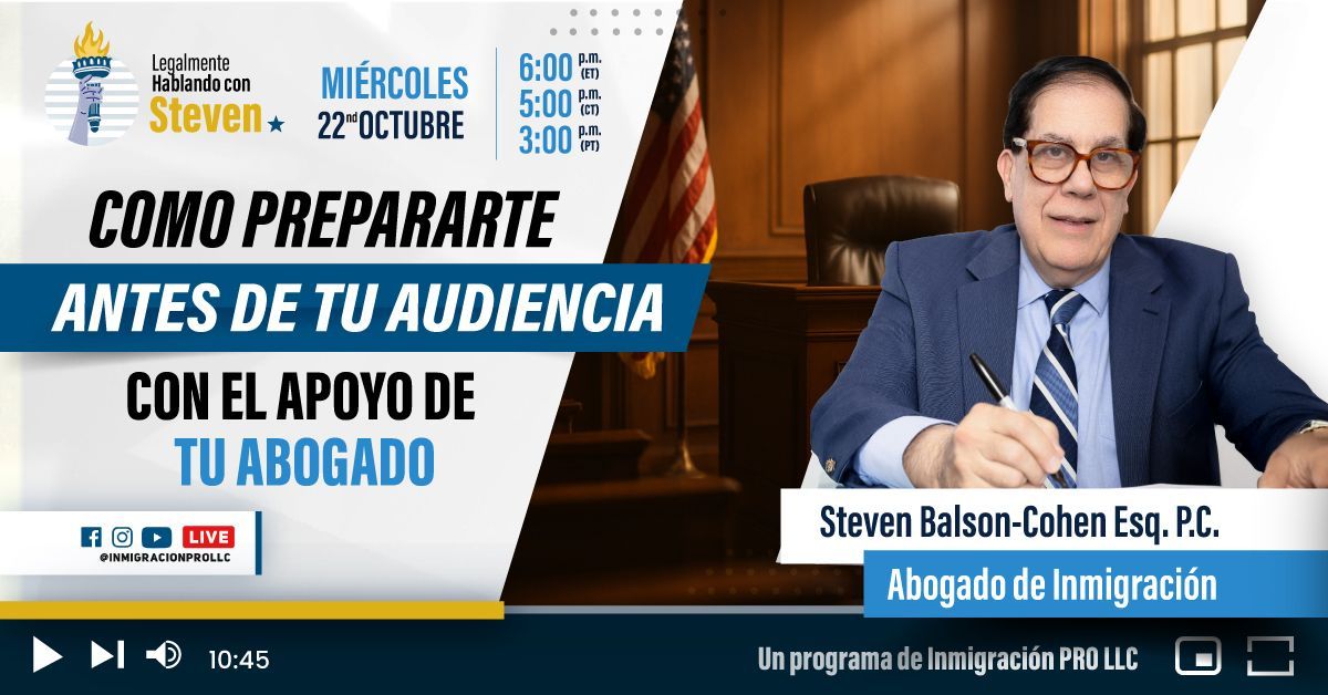 Live stream promoting how to prepare for an immigration hearing with an attorney. A man in a suit sits at a desk.