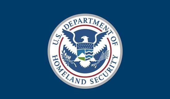Flag of the U.S. Department of Homeland Security: Blue field with a centered seal containing an eagle and text.