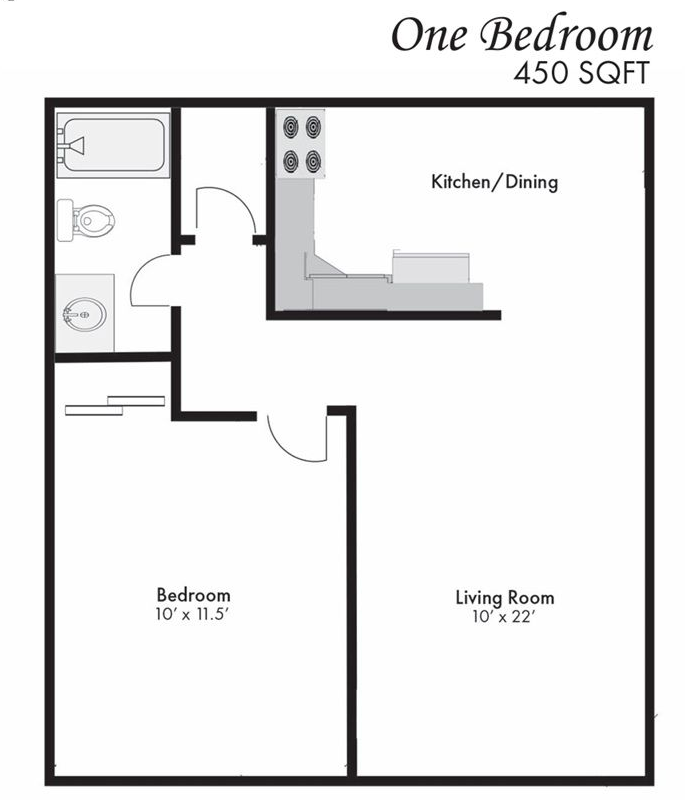 One-bedroom floor plan, 450 sq ft, showing kitchen/dining, living room, bedroom, and bathroom