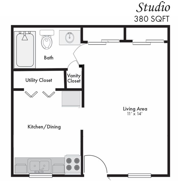 Studio apartment floor plan with bath, kitchen/dining, utility closet, vanity closet, and living area.