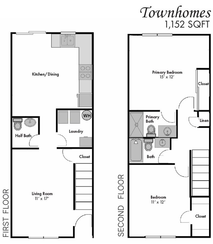 Townhomes floor plan showing first- and second-floor layouts with rooms, stairs, closets, and bath labels