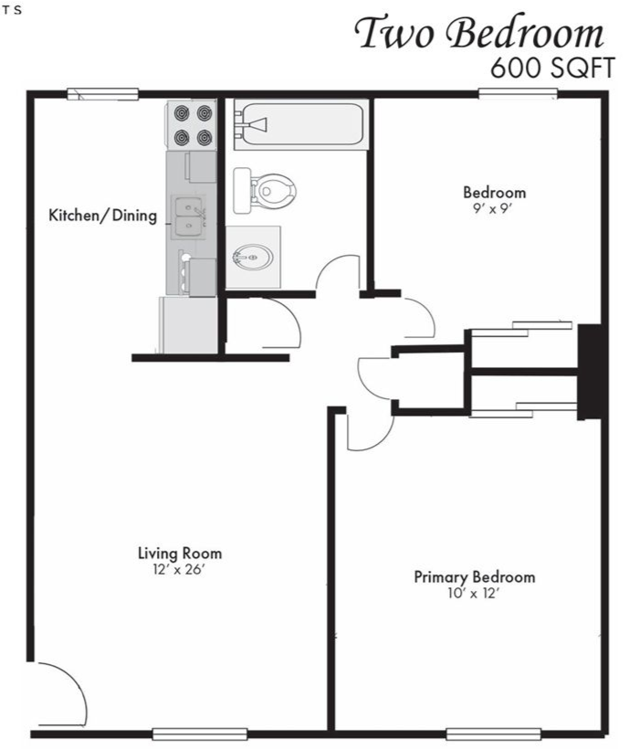 Two-bedroom 600-sq-ft apartment floor plan with kitchen/dining, living room, bath, and two bedrooms.