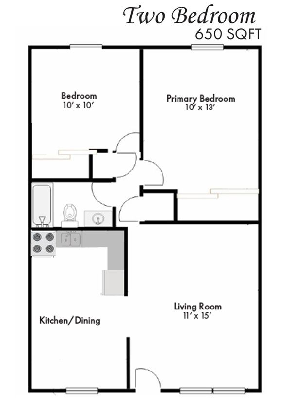 Two-bedroom apartment floor plan with kitchen/dining, living room, bath, and two bedrooms.