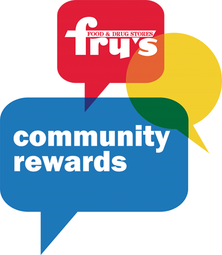 A logo for fry 's food and drug stories with a speech bubble that says community rewards