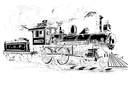 Black-and-white illustration of a steam locomotive with a passenger car on tracks