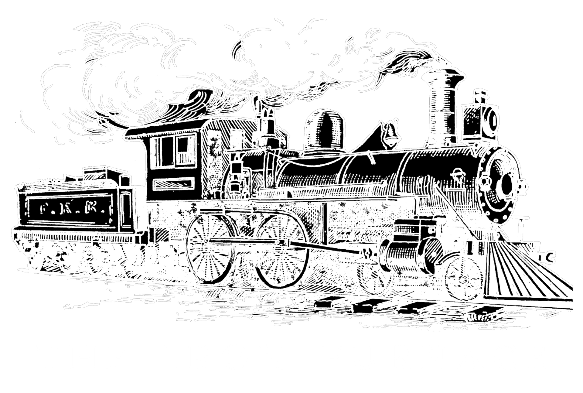 Black-and-white illustration of a steam locomotive with a passenger car on tracks