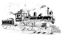 Black-and-white illustration of a steam locomotive with a passenger car on tracks