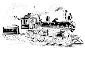 Black-and-white illustration of a steam locomotive with a passenger car on tracks