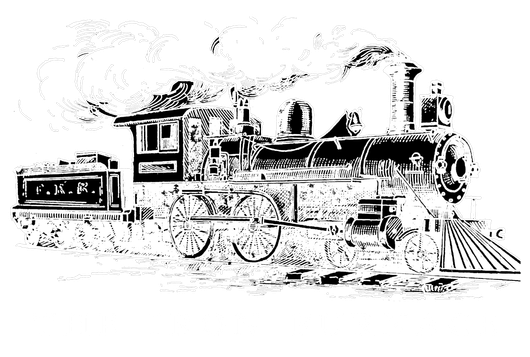 Black-and-white illustration of a steam locomotive with a passenger car on tracks