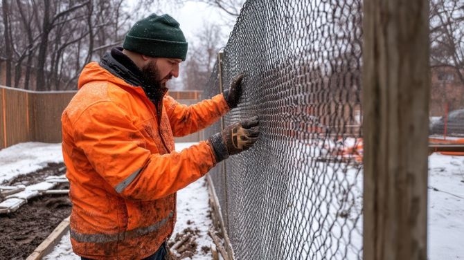 Worker in orange jacket and green hat stretching wire fencing along a snowy outdoor path