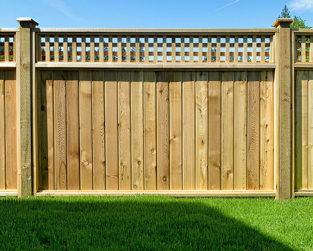 Wooden backyard fence with a lattice top above a green lawn under a clear blue sky